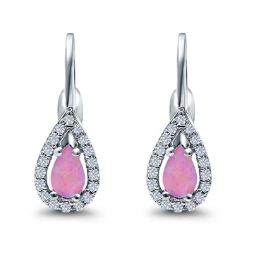 Halo Teardrop LeverBack Earrings Pear Lab Created Pink Opal 925 Sterling Silver
